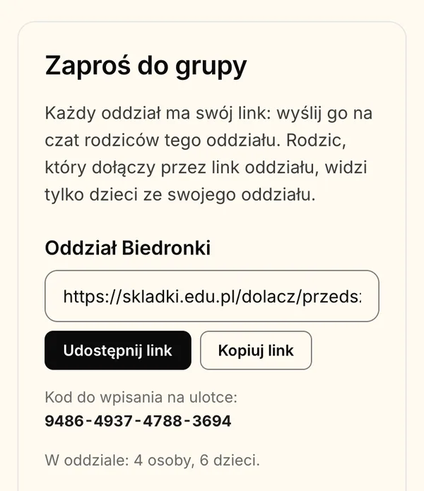 „Zaproś do grupy”: link oddziału z przyciskami „Udostępnij link” i „Kopiuj link” oraz kod do wpisania na ulotce