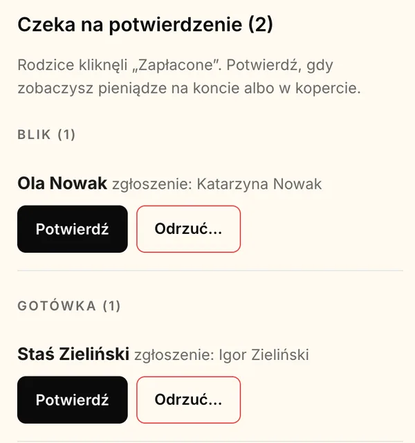 Wpłaty „Czeka na potwierdzenie” z przyciskami „Potwierdź” i „Odrzuć…”