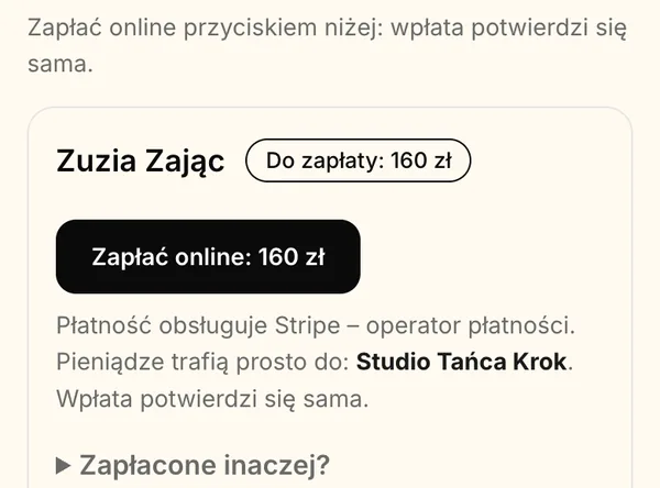 Opłata z przyciskiem „Zapłać online: 160 zł”