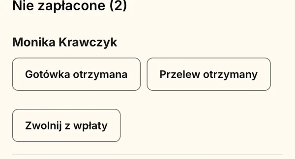 Nie zapłacone: przyciski „Gotówka otrzymana” i „Przelew otrzymany”