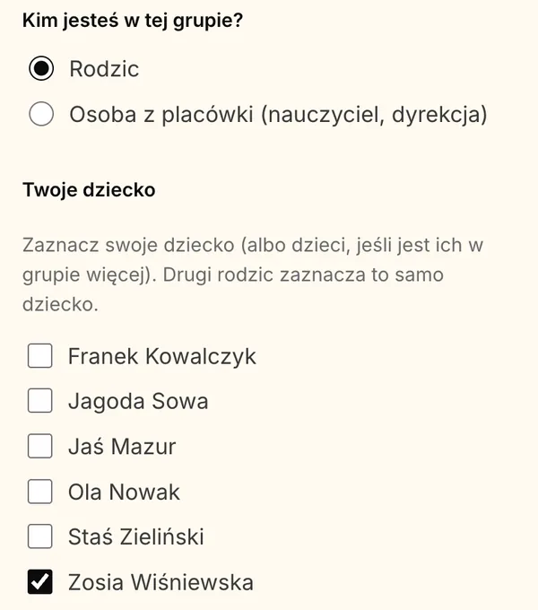 Dołączanie do grupy: wybrane „Rodzic” i zaznaczone dziecko na liście