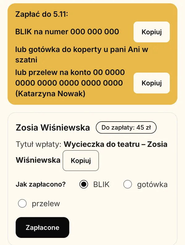 Zbiórka: termin, BLIK i przelew z przyciskami „Kopiuj”, tytuł wpłaty i przycisk „Zapłacone”