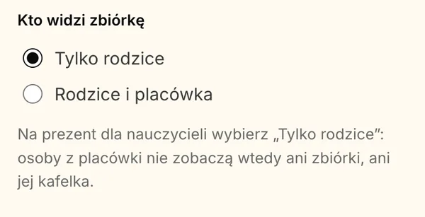 Formularz zbiórki: „Kto widzi zbiórkę” z wybranym „Tylko rodzice”